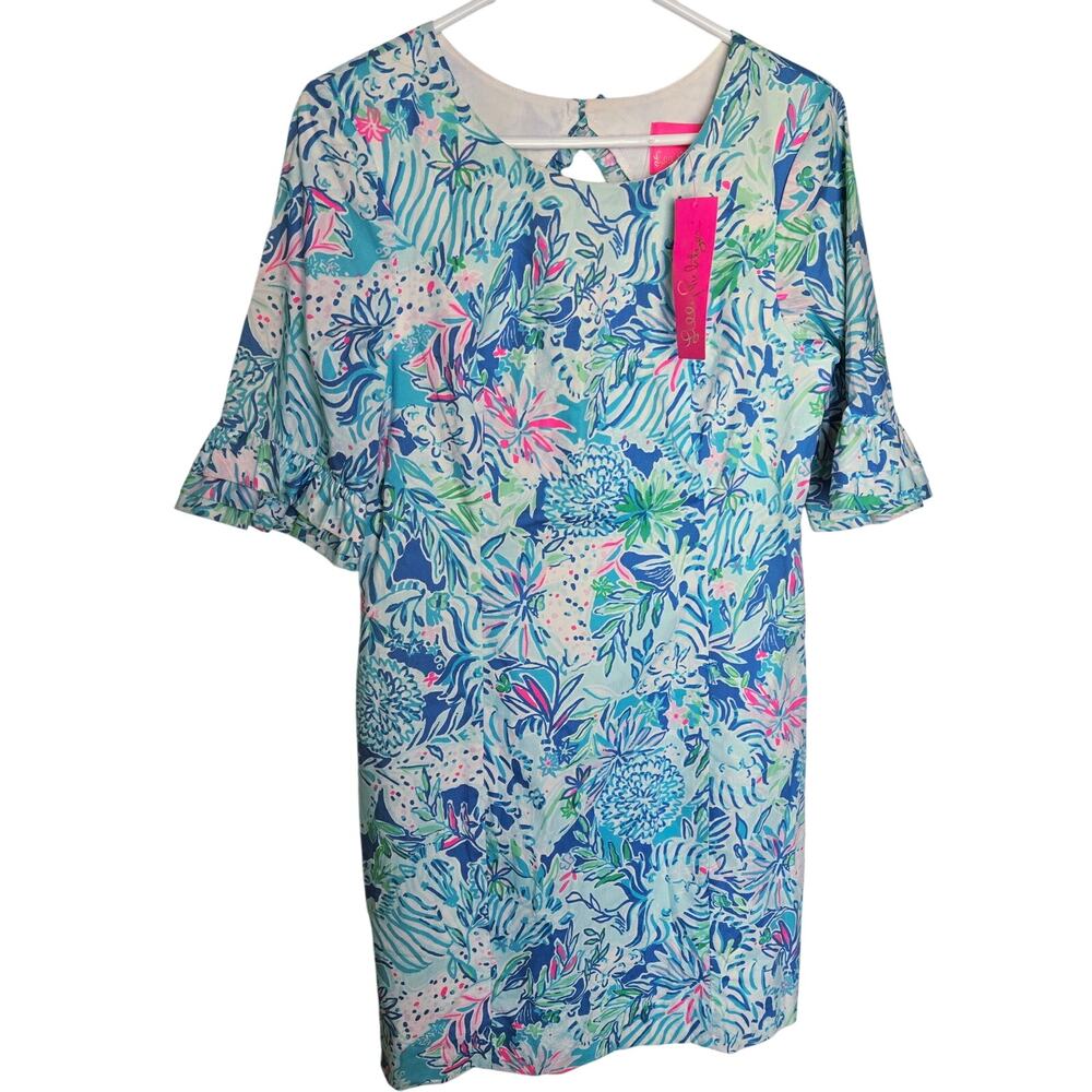Lilly Pulitzer Size 6 New Fiesta Stretch Dress Coastal Tideline Floral Blue Lion - Picture 2 of 12